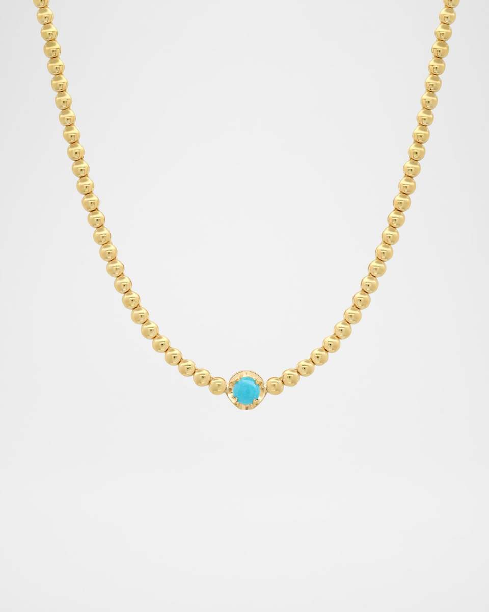 18K Yellow Gold Mini Bezel Tennis Necklace with Illusion Set Turquoise Accent